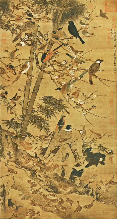 明_边景昭_三友百禽图绢本克利夫兰_绢_(9560x17953 - 300dpi)