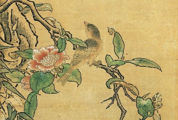 明_佚名_山茶花小禽图_绢布_(3780x10215 - 300dpi)