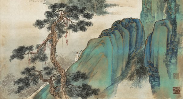 近代_近现代_祁昆_金碧青绿山水轴_纸本_(5954x12882 - 72dpi)