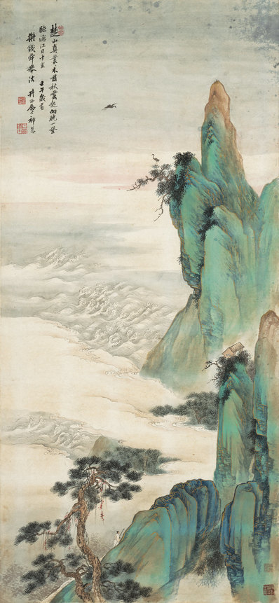 近代_近现代_祁昆_金碧青绿山水轴_纸本_(5954x12882 - 72dpi)