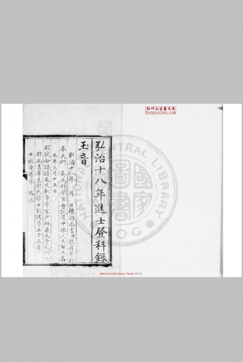 弘治十八年进士登科录 (明)刘健编 明弘治十八年(1505)刊本