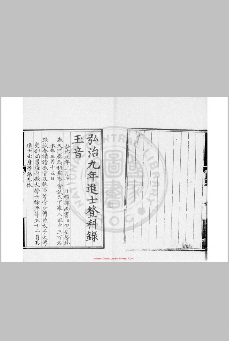 弘治九年进士登科录 (明)王华编 明弘治间(1488-1505)刊本