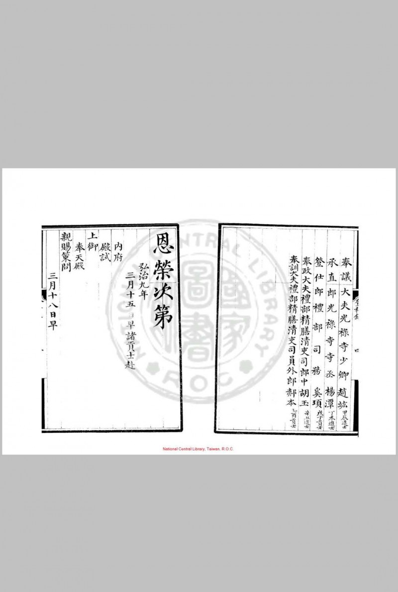 弘治九年进士登科录 (明)王华编 明弘治间(1488-1505)刊本