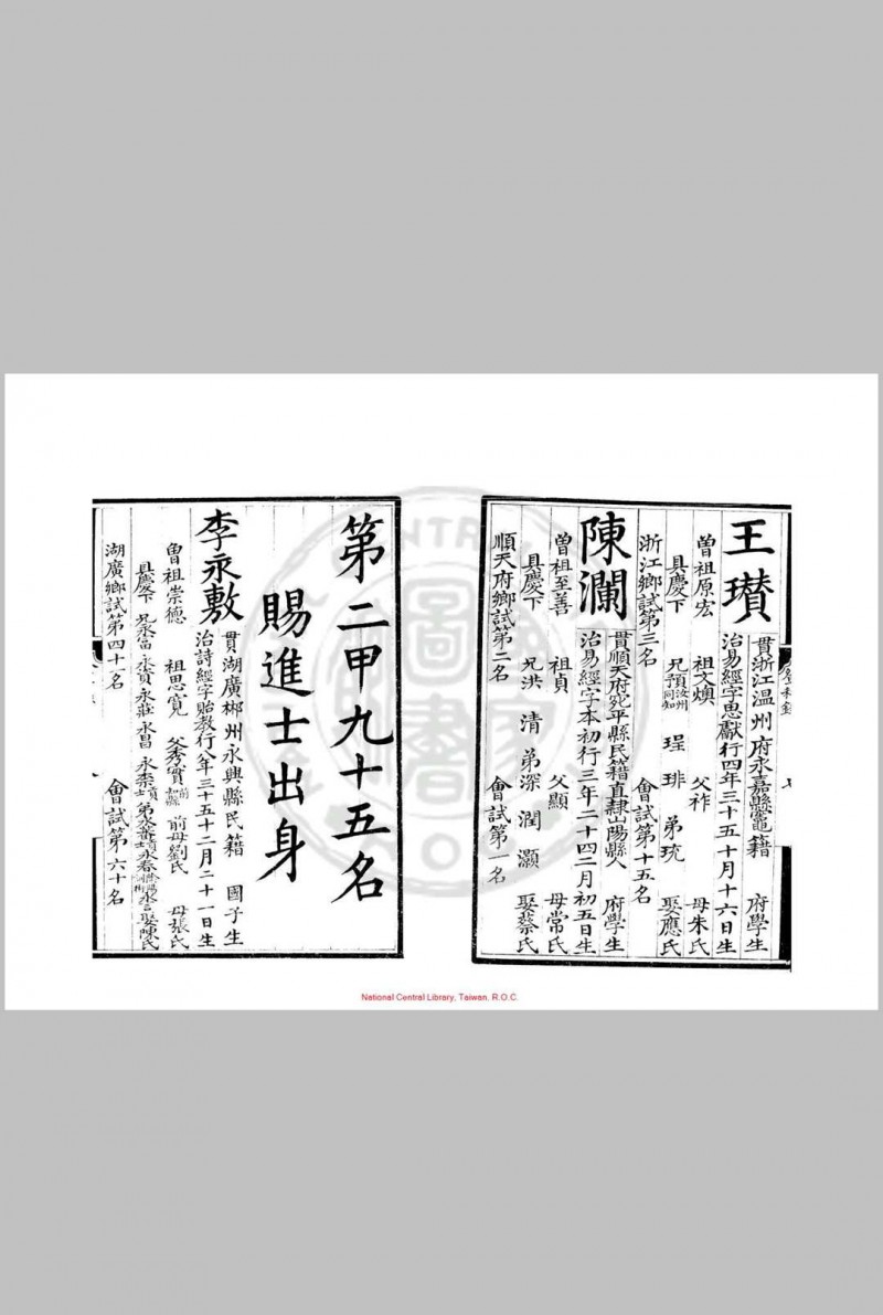 弘治九年进士登科录 (明)王华编 明弘治间(1488-1505)刊本