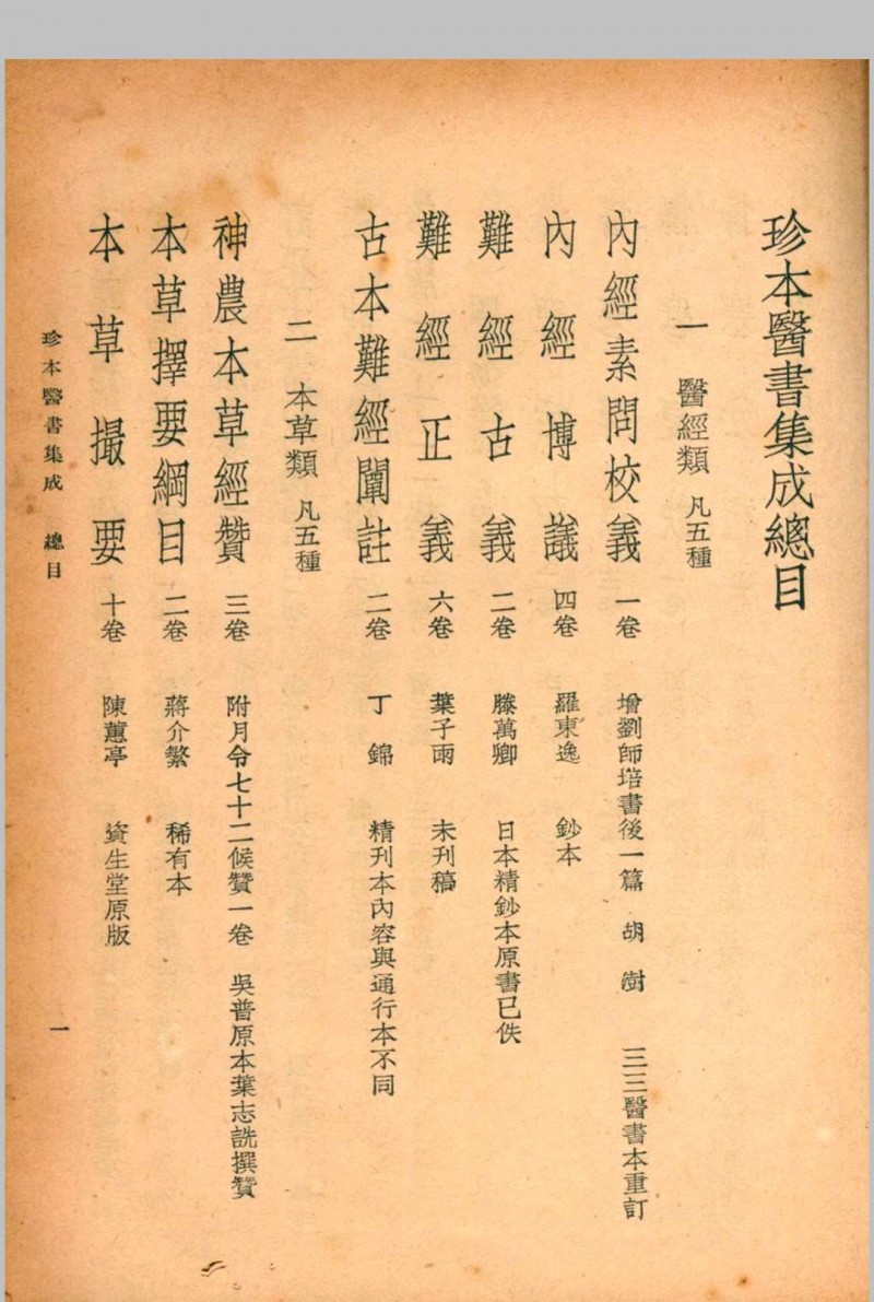 珍本医书集成 第一册 裘吉生主编 1936 世界书局