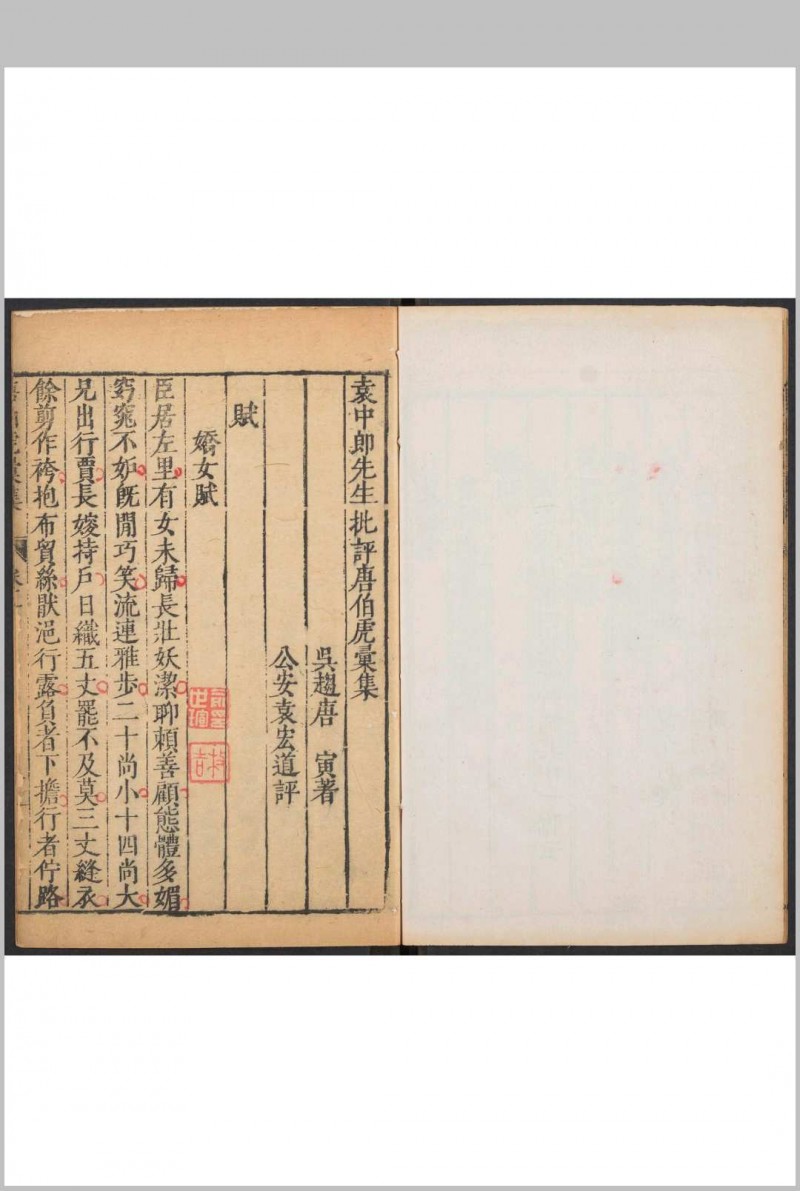 袁中郎先生批评唐伯虎汇集  四卷, 附 外集一卷, 唐六如先生画谱三卷, 纪事一卷, 传赞一卷 唐寅撰  袁弘道批评